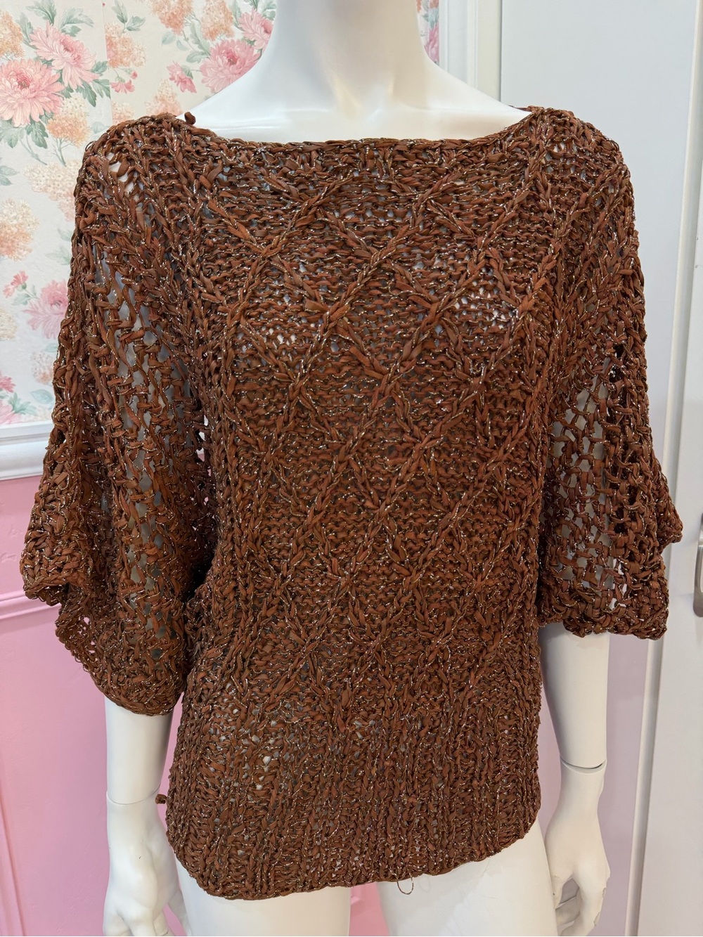 Y2K 100% leather Brown Open-Knit Women’s Sweater hand made